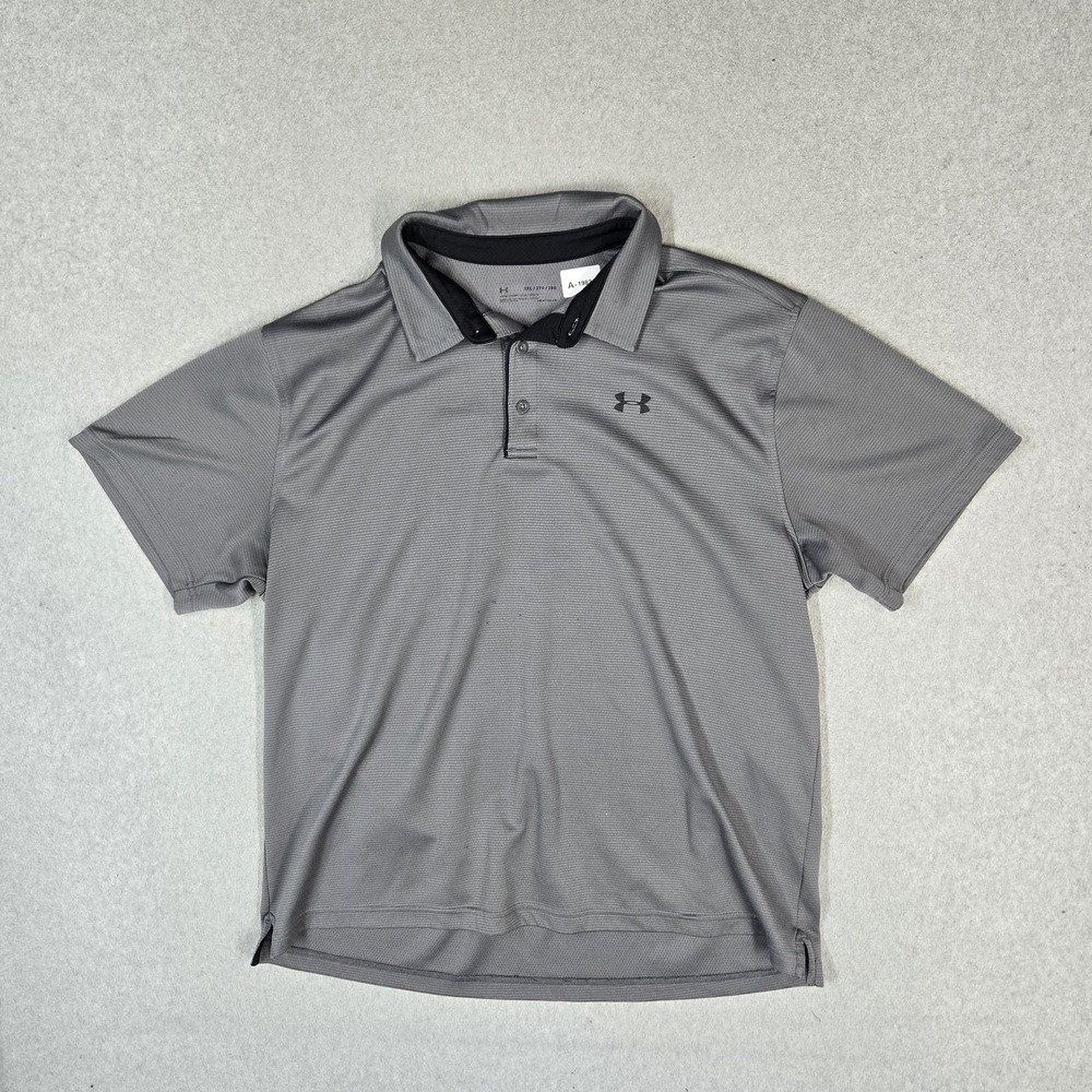 Under Armour Men Polo 2XL Gray Activewear Logo Loose Short Sleeve Breathable